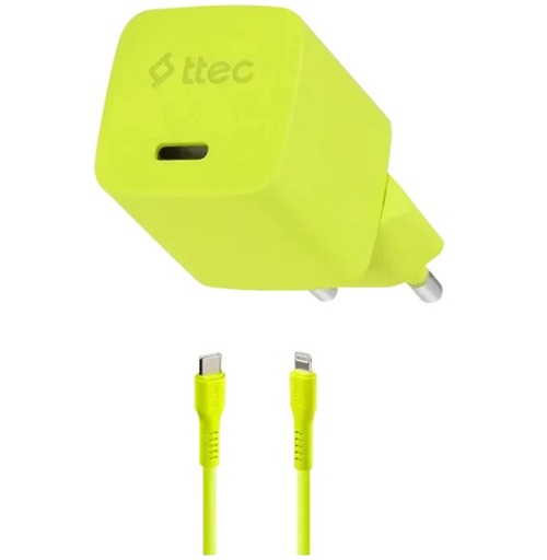 Зарядное устройство сетевое TTEC SmartCharger 2SCG20LNS GAN 20W PD USB-C с кабелем USB-C - Lightning. Длина кабеля: 120 см. Цвет: неоновый желтый