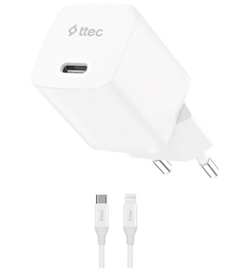 Зарядное устройство сетевое TTEC SmartCharger 2SCG30LB GAN 30W USB-C PD с кабелем USB-C-Lightning. Длина кабеля: 150см. Цвет: белый