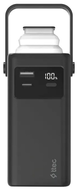 Аккумулятор внешний портативный TTEC ReCharger Extreme 2BB238S LCD 20.000mAh PD 20W со встроенными кабелями USB-C/Lightning и ручкой для переноса.