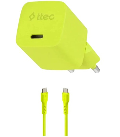 Зарядное устройство сетевое TTEC SmartCharger 2SCG20CNS GAN 20W PD USB-C с кабелем USB-C - USB-C 3A. Длина кабеля: 120см. Цвет: неоновый желтый