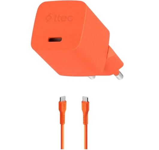 Зарядное устройство сетевое TTEC SmartCharger 2SCG20CNT GAN 20W PD USB-C с кабелем USB-C - USB-C 3A. Длина кабеля: 120см. Цвет: неоновый оранжевый