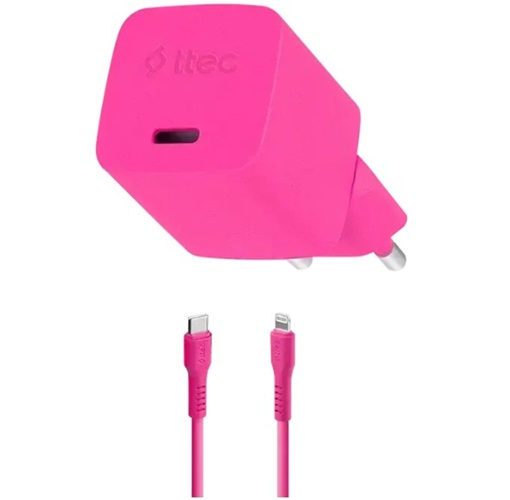 Зарядное устройство сетевое TTEC SmartCharger 2SCG20LNP GAN 20W PD USB-C с кабелем USB-C - Lightning. Длина кабеля: 120 см. Цвет: неоновый розовый