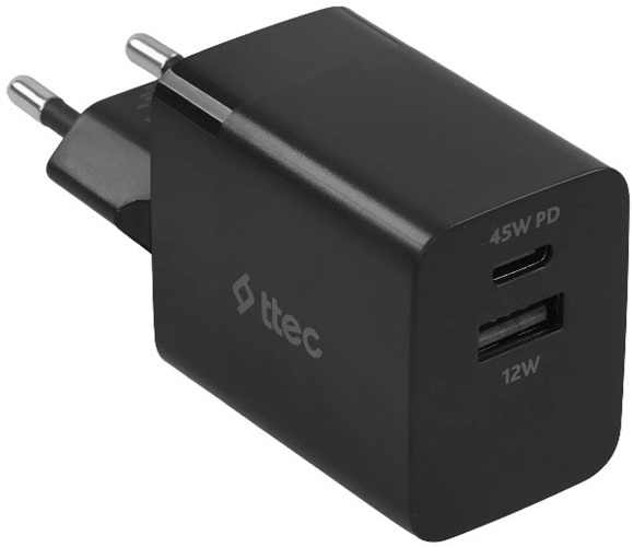 Зарядное устройство сетевое TTEC SmartCharger 2SCP02S 45W PD Duo USB-C+USB-A. Цвет: черный