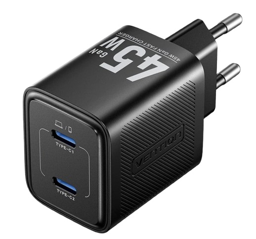 Зарядное устройство сетевое Vention FEFB0-EU на 2 порт USB С+C GaN 45W Чёрный