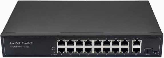 Коммутатор PoE NST NS-SW-16F3G-P Fast Ethernet. Порты: 16 x FE (10/100 Base-T) с PoE (IEEE 802.3af/at), 2 x GE Uplink (RJ45), 1 x GE SFP Uplink