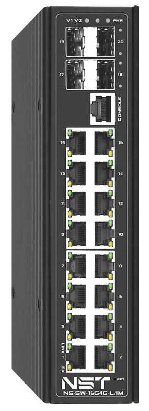 Коммутатор управляемый NST NS-SW-16G4G-PL/IM промышленный L2+ HiPoE Gigabit Ethernet на 16 GE RJ45 PoE + 4 GE SFP порта. Порты Ethernet: 16x10/100/100