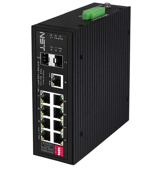 Коммутатор PoE NST NS-SW-8F3G-P/I Fast Ethernet на 8 FE RJ45 PoE + 1 x GE RJ45 + 2 GE SFP порта. Порты: 8x10/100Base-T, 1x10/100/1000Base-T, 2x1000Bas