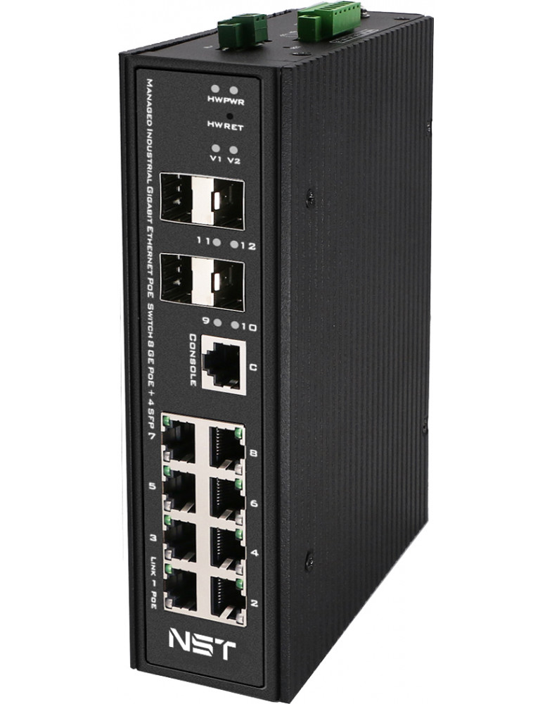 Коммутатор промышленный NST NS-SW-8G4G-SPL/IM Ultra PoE коммутатор Gigabit Ethernet на 8GE PoE + 4 GE SFP порта с функцией мониторинга температуры/вла