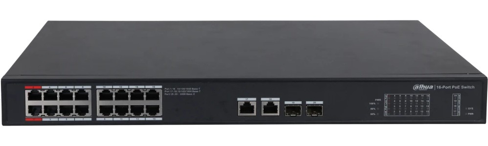 Коммутатор неуправляемый Dahua DH-PFS3220-16GT-240 (L2) 18x1Гбит/с 2SFP 16PoE 240W