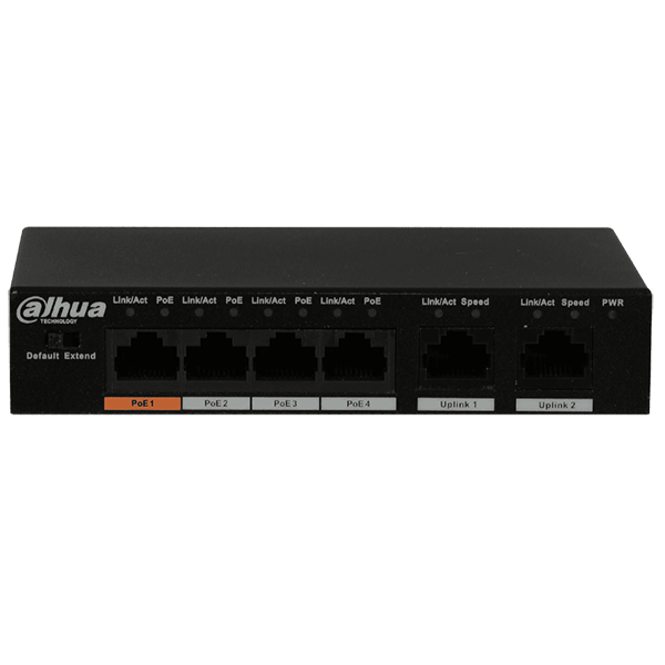 Коммутатор неуправляемый Dahua DH-PFS3006-4ET-60 4 порта RJ-45 с PoE 10/100 Мбит/с, 2 Uplink порт 10/100 Мбит/с