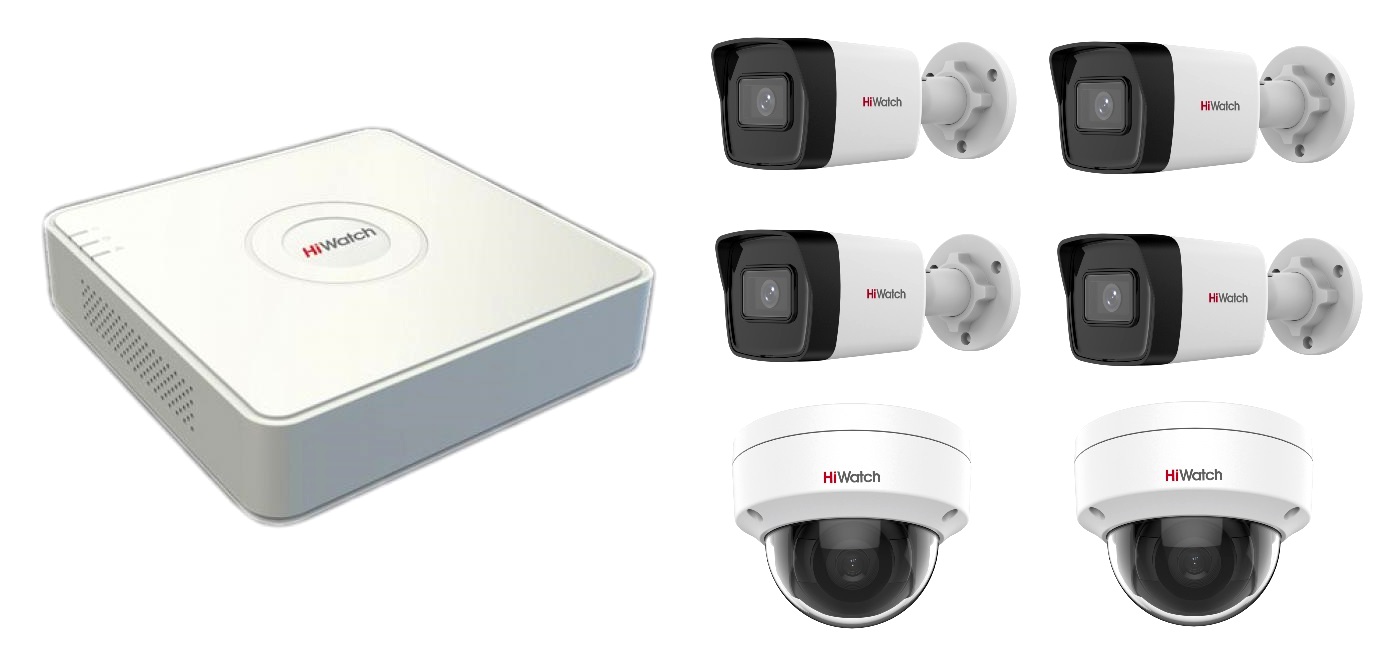 Комплект видеонаблюдения HiWatch X-com Hw Котедж IP 4+1 состав: 8 канальный POE-видеорегистратор - 1шт;4МП цилиндрическая IP камеры с объективом 2,8мм X-com Hw Коттедж IP 4+2+1