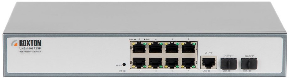 Коммутатор неуправляемый Roxton UNS-1008F2SP сетевой PoE с 8 PoE-портами 10/100/1000 Мбит/с и 2 SFP-портами 1Гбит/с