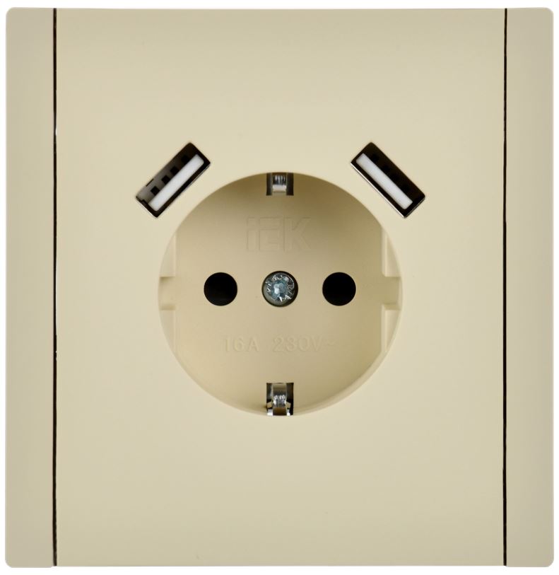 Розетка с заземлением с 2 USB IEK FP-R14-16-U22-018-K10 FORTE&PIANO с защитными шторками в/к 16А тип A+тип C 18Вт FP447 ваниль