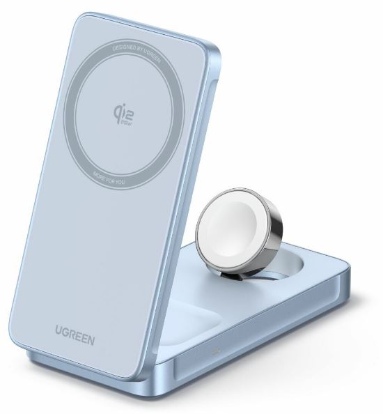 Зарядное устройство беспроводное UGREEN W757 65901_ "MagFlow" 25W Magnetic Qi2.2 Wireless 3-in-1 Charger. Цвет: серебристо-голубой (55901)