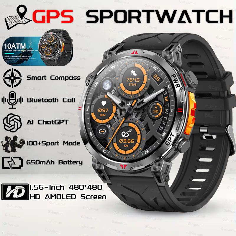2026 Новые Военные Спортивные Умные Часы с GPS, Встроенный GPS-Компас, Водонепроницаемость 10 ATM, 1,56-дюймовый AMOLED-Экран, Возможность Звонков по Bluetooth, Умные Часы для Мужчин чёрный ElectronicsHome