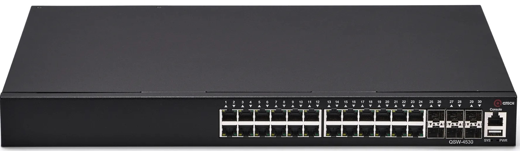 Коммутатор управляемый QTECH QSW-4530-30TX-POE уровня L3 с поддержкой PoE 802.3af/at, 24 порта 10/100/1000BASE-T, 6 портов 10GbE SFP+, консольный порт