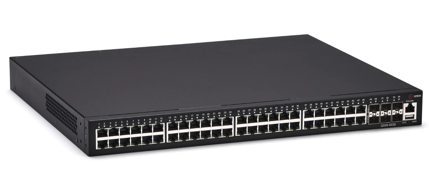 Коммутатор управляемый QTECH QSW-4530-54TX уровня L3, 48 портов 10/100/1000BASE-T, 6 портов 10GbE SFP+, консольный порт, 2 слота для установки сменных