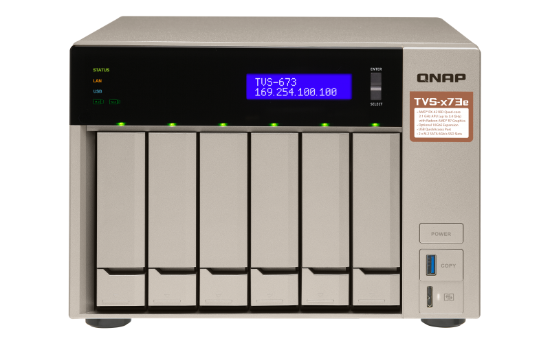 Сетевой RAID-накопитель QNAP TVS-673e-8G NAS, 6-tray w/o HDD, 2xM.2 SSD Slot, 2xHDMI-port. Quad-сore AMD quad-core 2.1 GHz up to 3.4 GHz , 8GB DDR4 (2