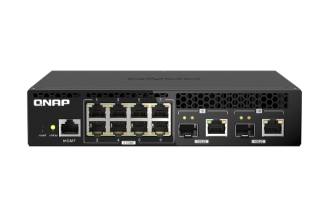 Коммутатор управляемый QNAP QSW-M2108R-2C 8 портов 2,5 Гбит/с RJ-45 и 2 порта 10 Гбит/с SFP+, совмещенными с RJ-45, пропускная способность до 80 Гбит/
