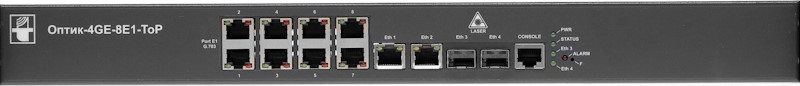 Мультиплексор-коммутатор НПО Телеком Оптик-4GE-8E1-ToP TDMoP, 8 потоков E1, 2хRJ45-10/100/1000, 2 слота для SFP, размеры 1U, 19" (420*160*43мм без уше