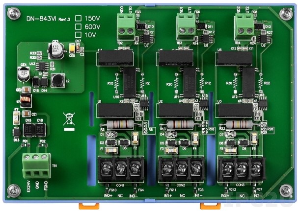 Плата ICP DAS DN-843VI-600V CR 3-channel 600 VDC Voltage Attenuator with channel to channel isolation (RoHS)