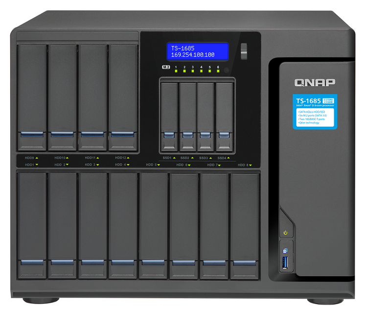 Сетевой RAID-накопитель QNAP TS-1685-D1521-8G NAS, 16-tray w/o HDD (12 x 2.5"/3.5" and 4 x 2.5" SSD slot), 6xM.2 Slot, Quad-core Intel Xeon D-1521 2.4
