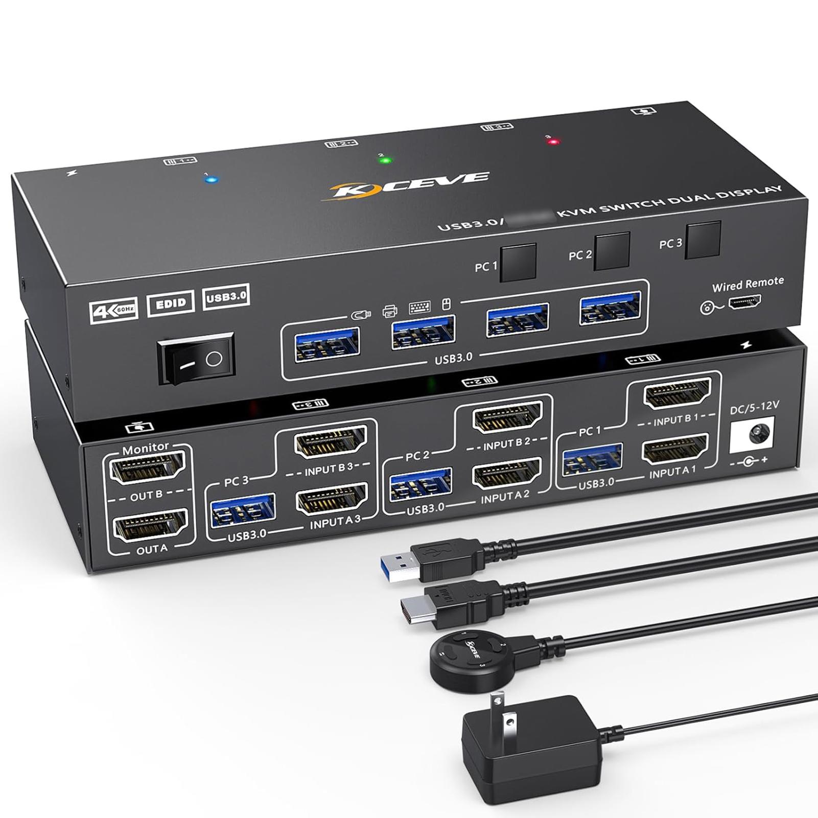 KVM-переключатель с двумя мониторами USB 3.0 HDMI-совместимый KVM-переключатель 2 монитора 3 компьютера 4K при 60 Гц 2K при 144 Гц, EDID чёрный 3d printing machine