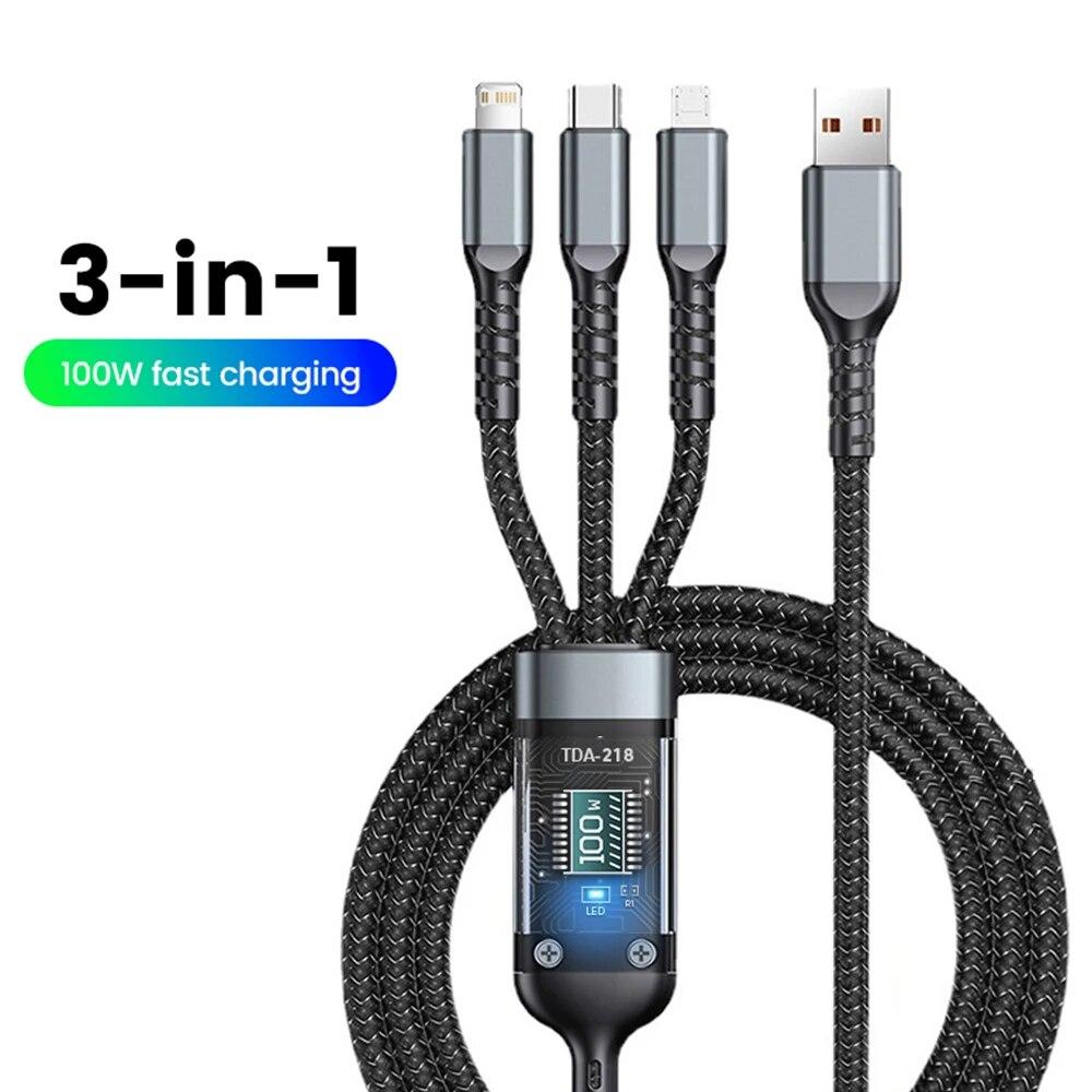 3 в 1, 100 Вт, 1,2 м, кабель для быстрой зарядки, кабель USB типа C для iPhone Realme, Samsung, Huawei 50 pro, Micro Usb C, зарядное устройство Lightning, кабель для зарядки, провод чёрный ZJM Mall