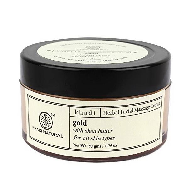 Массажный крем для лица с Золотом и маслом Ши (50 г), Herbal Gold Facial Massage Cream with Shea Butter,  Khadi Natural 9.125 black