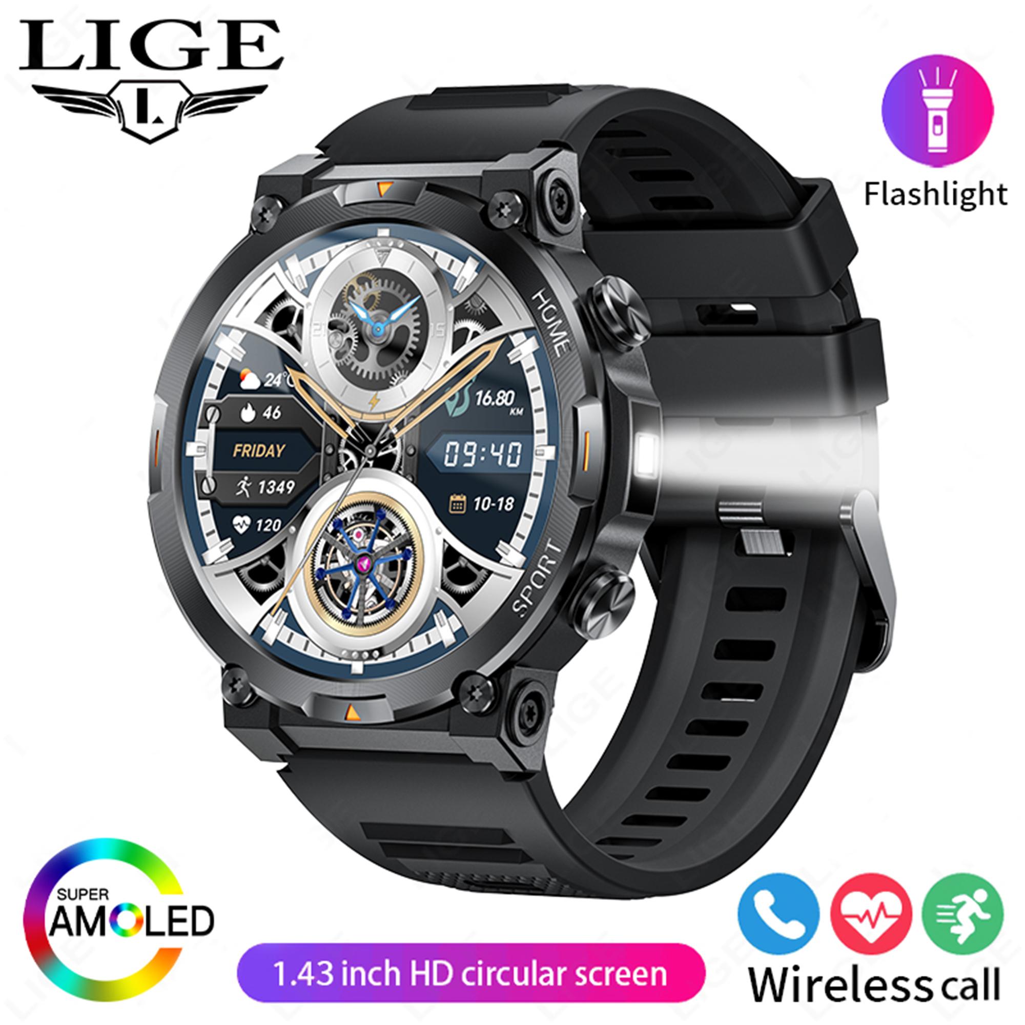 LIGE новые AMOLED Bluetooth-вызовы умные часы светодиодный фонарик спортивный фитнес-мониторинг здоровья водонепроницаемый умный браслет мужской подарок silicone strap чёрный