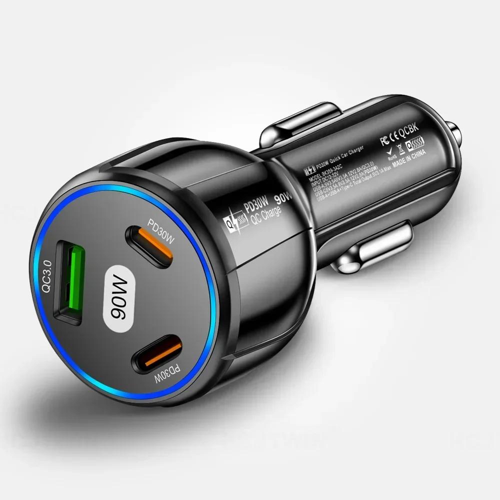 Автомобильное зарядное устройство 90 Вт 3-в-1 QC3.0 PD Type C USB Moblie Phone Быстрая зарядка для iPhone Xiaomi Samsung Автомобильное зарядное устройство Адаптер Инструменты чёрный Super Star Mall