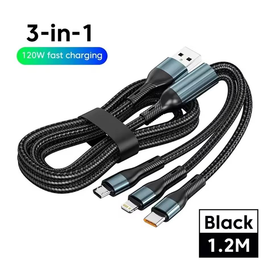 6A 120W 3 в 1 USB Type C кабель для быстрой зарядки телефона зарядное устройство шнур для передачи данных для iPhone Samsung Xiaomi Huawei быстрая зарядка Micro USB провод 1.2M чёрный QGeeM