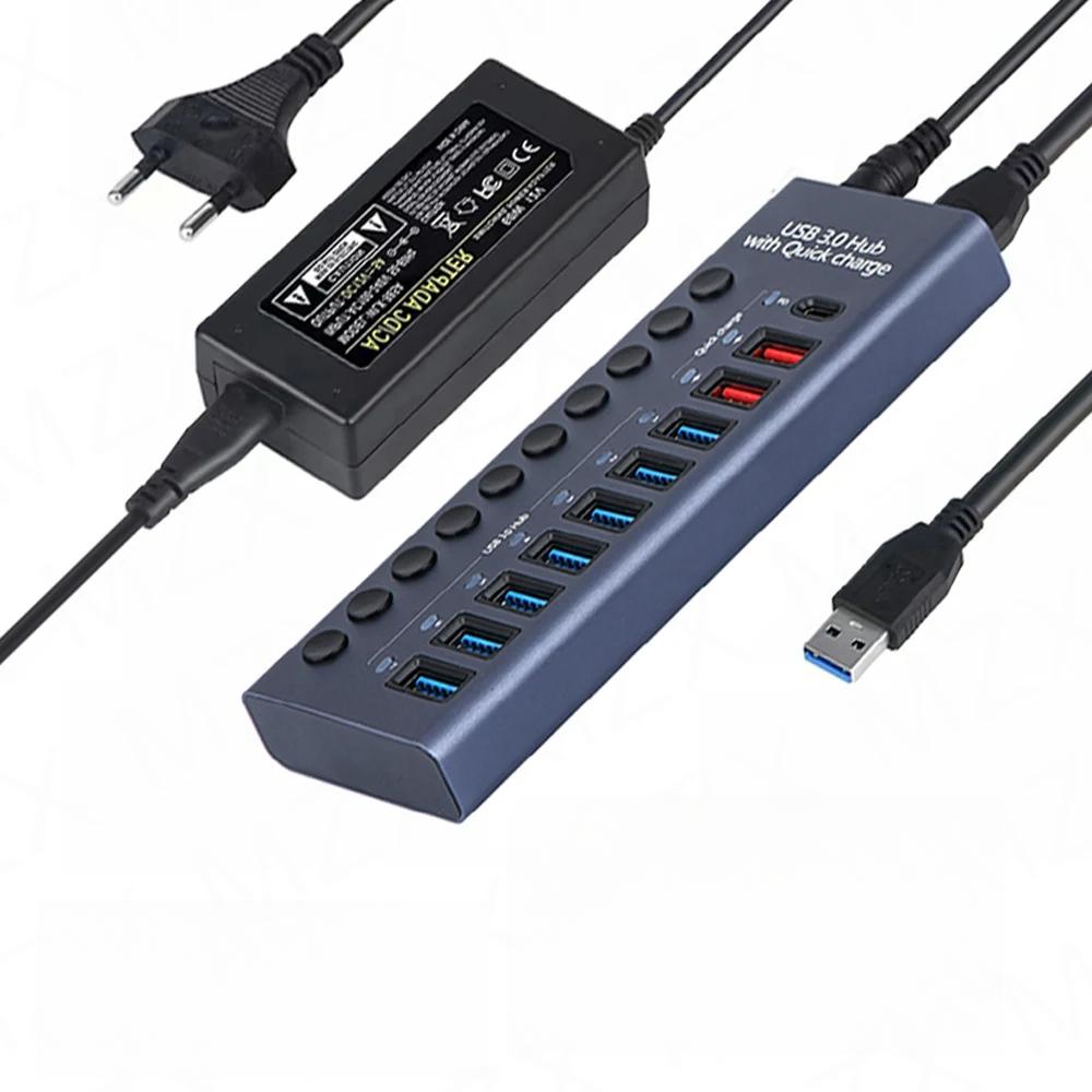 USB 3.0 концентратор розетка коммутатор 10 портов концентратор Multi-tap Multi-ports док-станция зарядное устройство несколько источников питания тип C EU Plug синий JadeBamboo Chargers Warehouse