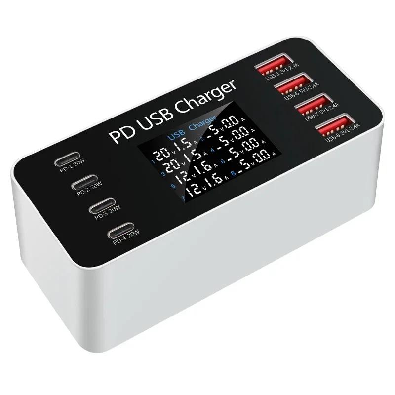 Зарядное устройство WLX-A9 65 Вт с 8 портами USB PD, 4 USB-A+4 USB-C, настольная зарядная станция с быстрой зарядкой, вилка европейского стандарта, вилка американского стандарта, кабель переменного тока длиной 1,2 м EU Plug белый JadeBamboo Chargers Warehouse