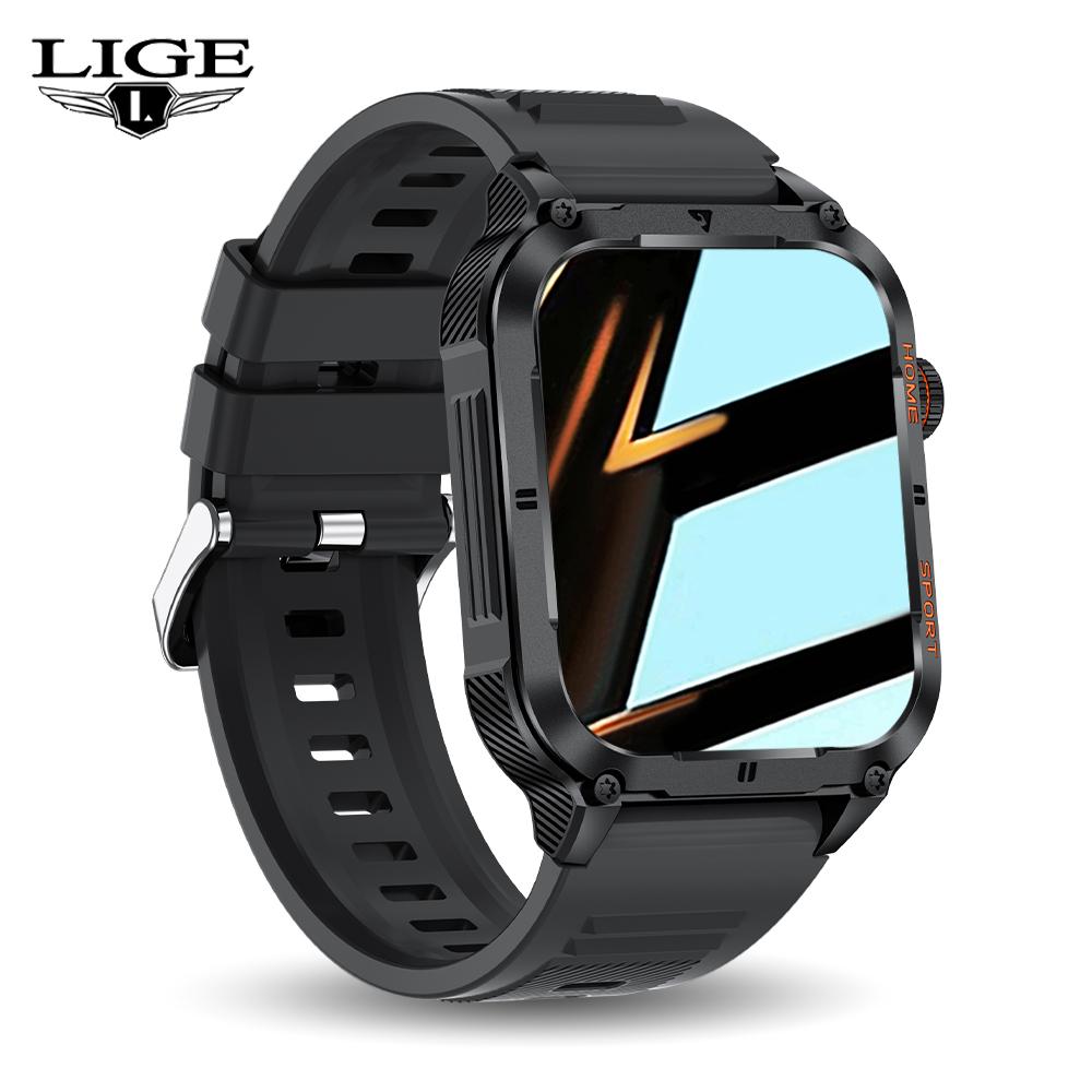Мужские смарт-часы LIGE с функцией Bluetooth-звонков, 2,01-дюймовым дисплеем, монитором сердечного ритма, спортивным фитнес-трекером, водонепроницаемые silicone strap чёрный