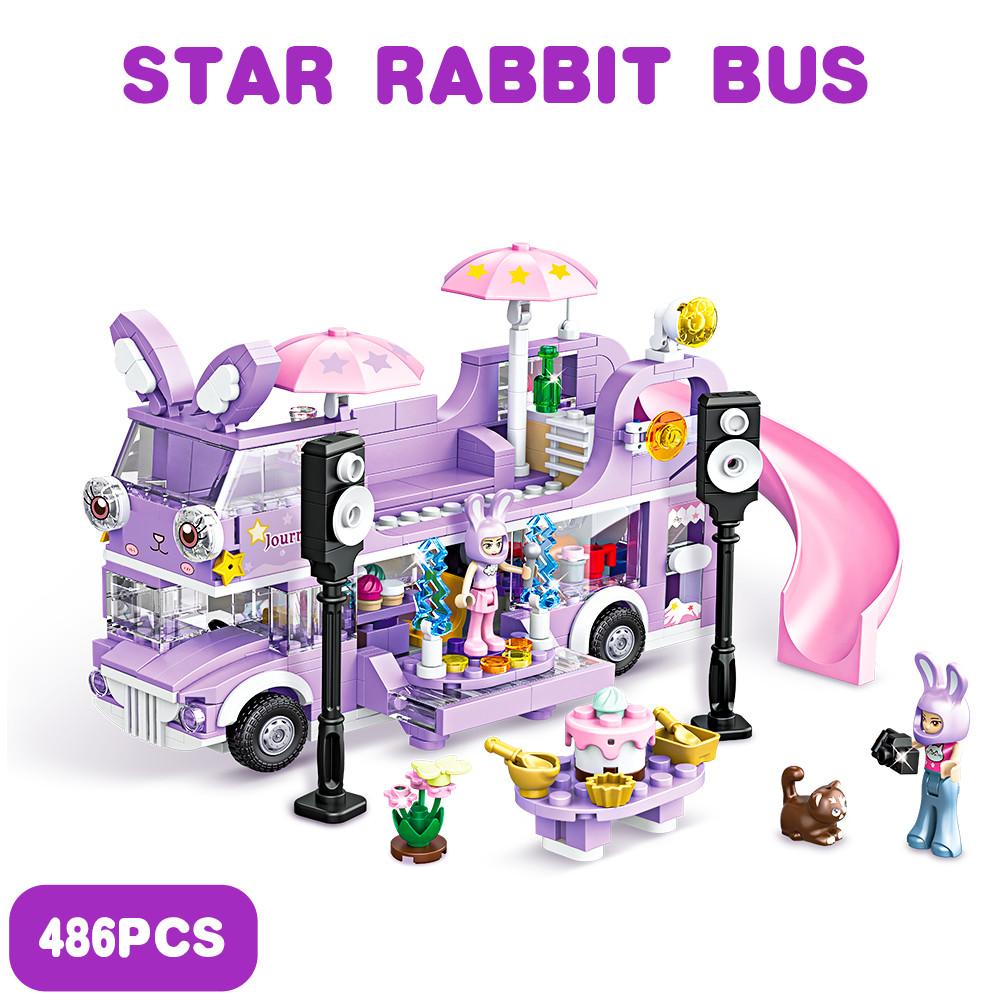 486PCS Girl Friends Double-Story Star Rabit Bus Building Blocks Toys STEM Bricks Toys Friends Figures Flower Christmas Day Purple Color Toys Girls pink MagicMonkey