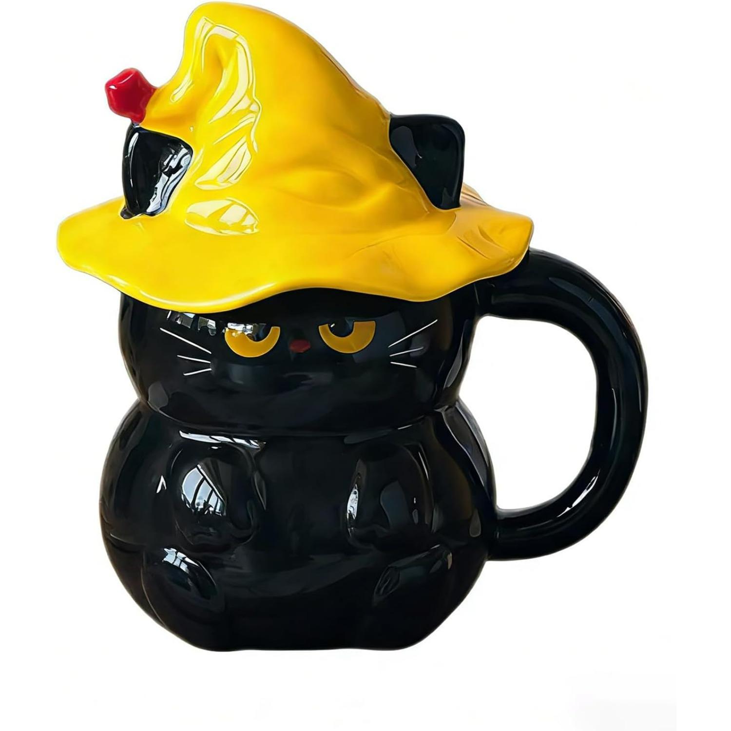 Cute Black Cat Ceramic Mug with Yellow Wizard Hat Lid -Microwave & Dishwasher Safe,1200°C High-Fired Coffee Mug,Ideal Gift for Cat Lovers & Daily Use B yellow Gotrays