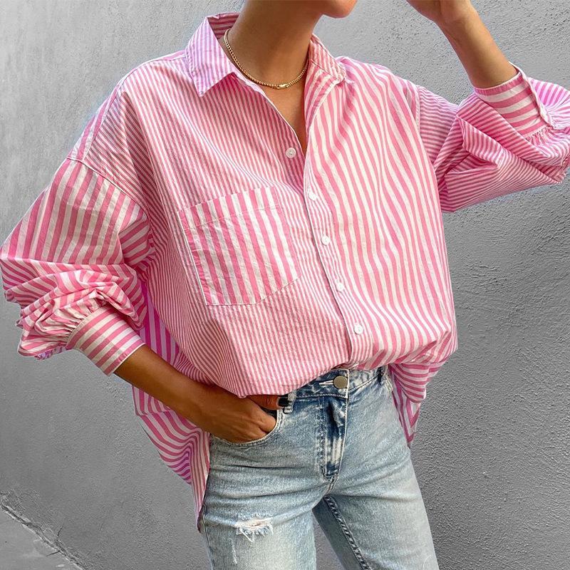 Женские модные повседневные летние весенние рубашки-поло с длинным рукавом и принтом в полоску, блузки и рубашки S white CANVAUS