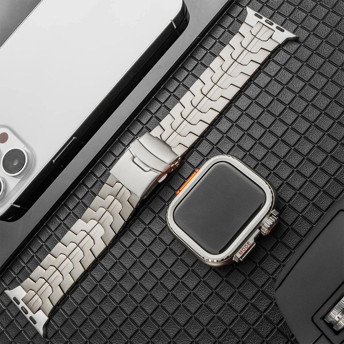 Роскошный титановый браслет + чехол для Apple Watch Ultra ремешок 44 мм 45 мм 46 49 мм титановый коннектор для IWatch серии 10 9 8 7 6 5 4 44mm series 654se gray HIMO Group