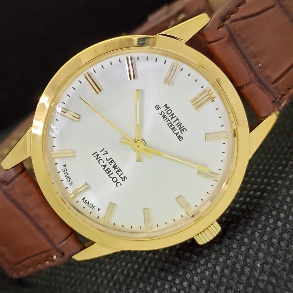 ВОССТАНОВЛЕННЫЕ МУЖСКИЕ ЧАСЫ MONTINE 17 КАМНЕЙ С ПОДЗАВОДОМ, ШВЕЙЦАРСКИЕ, ПОЗОЛОЧЕННЫЕ a285409-2 white Vintagewatches