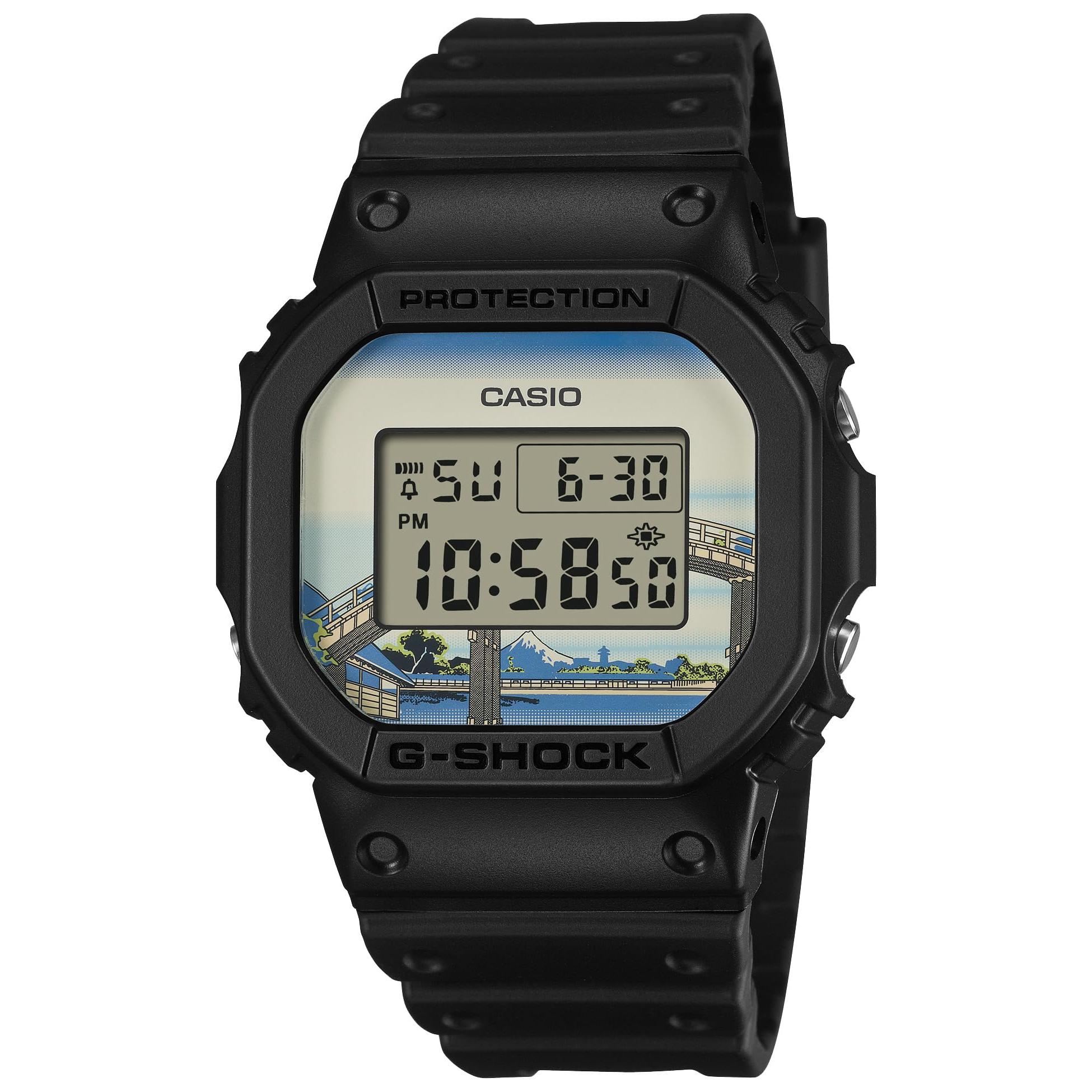 [CASIO] Мужские наручные часы G-Shock Японская модель Дизайн Хокусая Фукагава под мостом Маннэн, DW-5600KHFM25-1JR, Черный gray