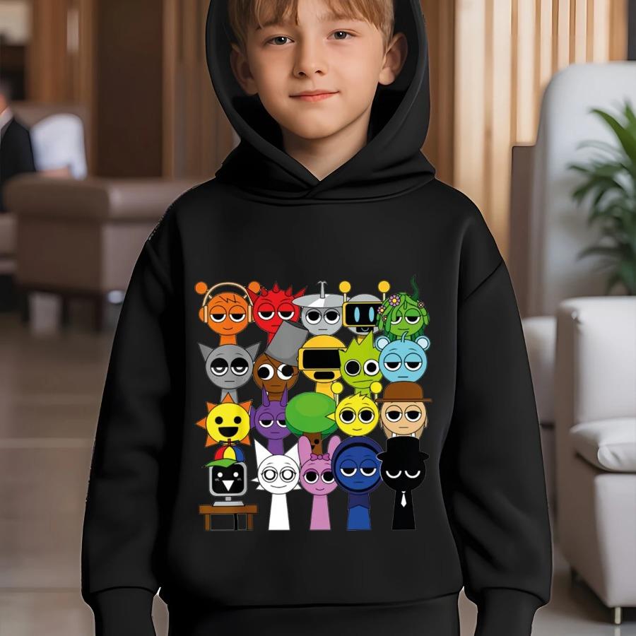 Новая детская толстовка с мультяшным принтом Sprunki, игровые толстовки Incredibox, одежда для мальчиков, худи для девочек, пуловер с капюшоном, весенние детские топы с длинным рукавом 100 black kukebang