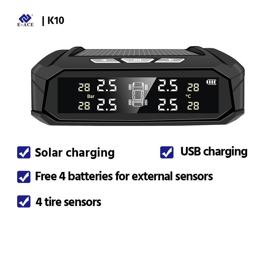 E-ACE Автомобильная TPMS Система контроля давления в шинах Автоматический дисплей Мониторинг сигналов тревоги USB-зарядка Оповещение о температуре с 6 датчиками K10-external Sensors black