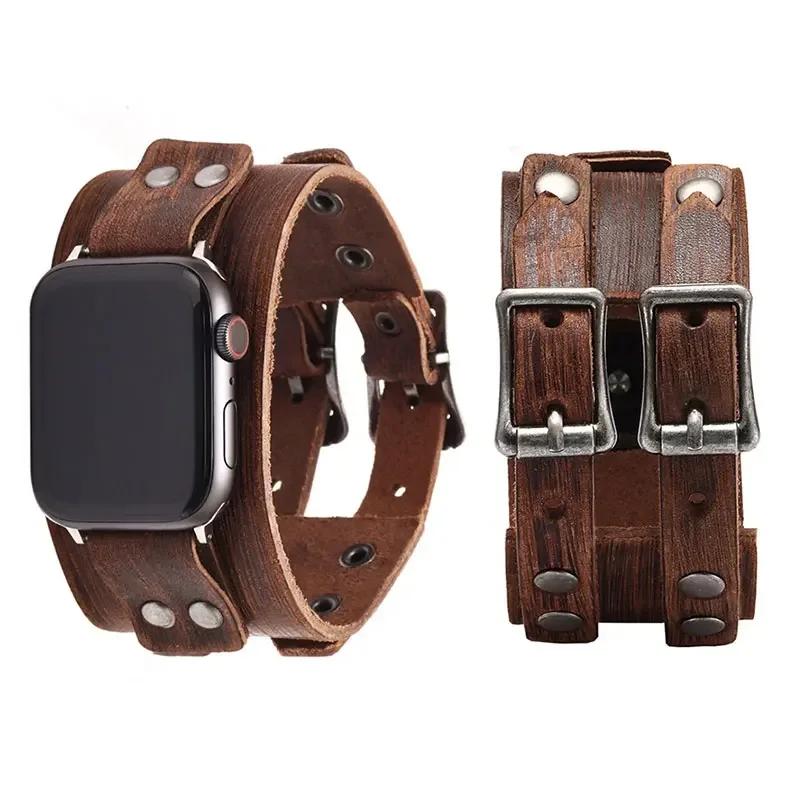 Ремешок из натуральной кожи для Apple Watch Ultra 2 49 мм, ремешок 45 мм 44 мм 46 мм, браслет с двойной металлической пряжкой iWatch серии 10 9 8 7 6 SE 42mm 44mm 45mm 49mm коричневый Home Of Auto Parts
