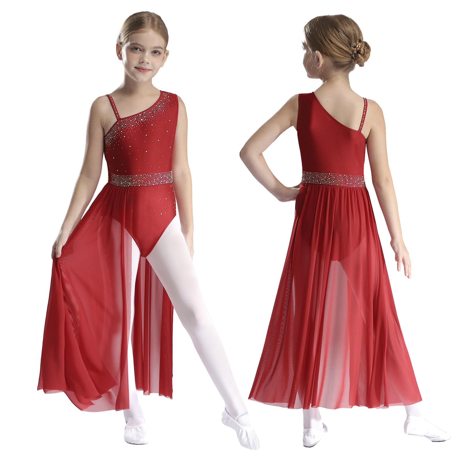 Детский танцевальный костюм для девочек, блестящие стразы, асимметричное плечо, без рукавов, прозрачная сетчатая юбка, купальник для танцев 5-6 Years бордовый iEFiEL