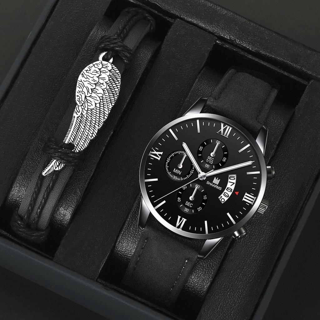 Мужские кварцевые наручные часы (Часы + Браслет) С кожаным ремешком и уникальным украшением в виде крыльев чёрный/серебряный watchesporsche
