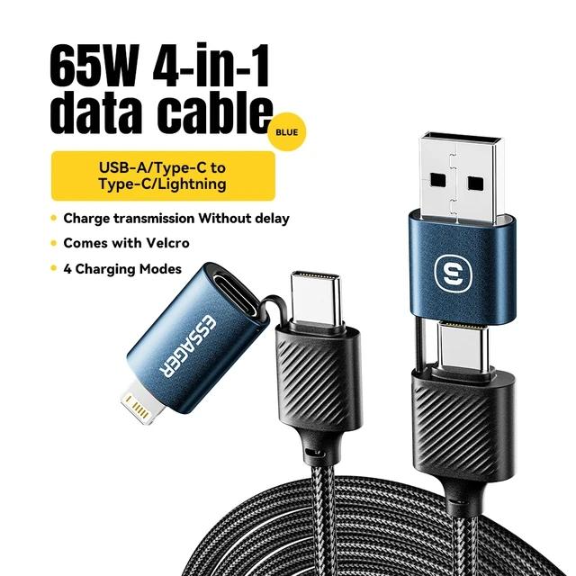Essager 4 в 1 USB C Lightning Cable 65W PD Провод для быстрой зарядки для iPhone 14 13 Pro Max iPad HUAWEI Xiaomi Tablets Type C Cable 0.3m синий