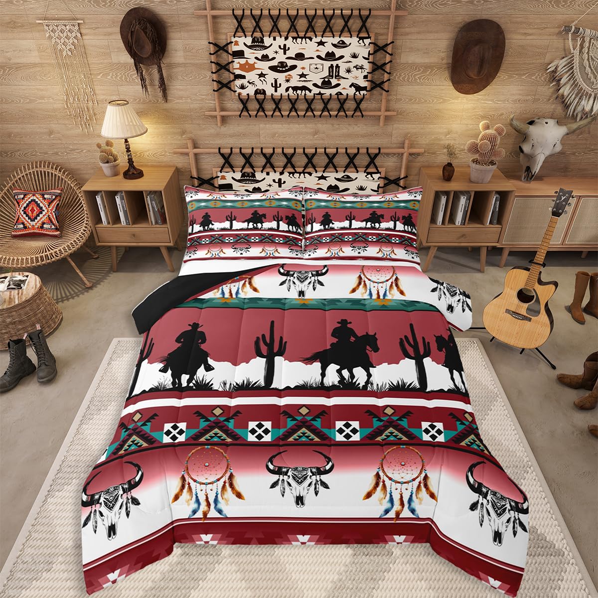 Erosebridal Western Aztec Comforter Set King Size, Boho Farmhouse Bedding Set for Kids Boys Teens Ethnic Southwest Bull Skull Cow Quilt Amer 155x200cm white ZbrFourteen
