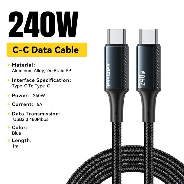Кабель USB Type C Essager 240 Вт для iPhone 15 Pro Max PD3.1, кабель сверхбыстрой зарядки типа C 5A для ноутбука Xiaomi Macbook Pro iPad 1m синий