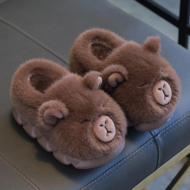 Детские зимние хлопковые тапочки Capybara - теплые, нескользящие, подошва EVA, меховой каблук Size 24/25 темно-коричневого Shoes Arena